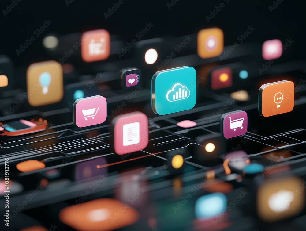 An abstract digital marketplace with prices displayed in floating holograms