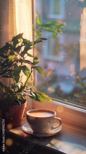 Cozy Morning Coffee by the Sunlit Window. Background. Seamless looping motion design. Video animation. A warm cup of coffee sits on a windowsill, bathed in gentle sunlight next to a green potted
