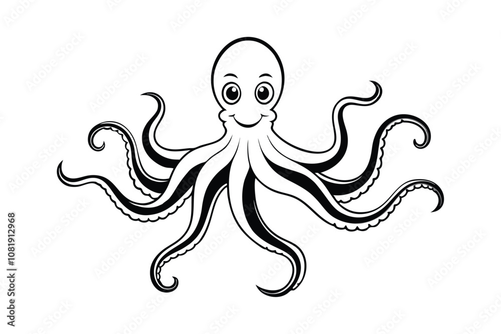 Octopus Line Art Vector - Minimalist Marine Creature Outline, Black & White Nautical Illustration Design