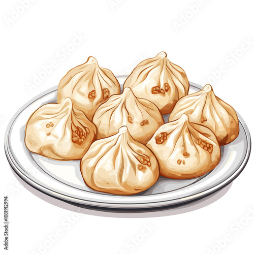 Traditional Georgian Khinkali Dumplings with Parsley Garnish on White Background