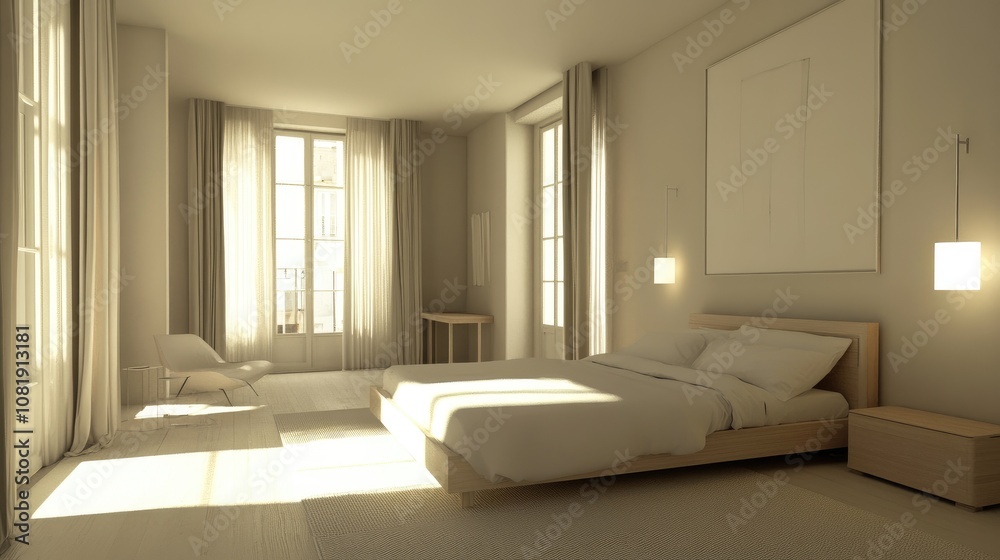 Bright and Airy Modern Bedroom with Minimalist Design Featuring Natural Light, Soft Textiles, and Contemporary Furniture for a Relaxing Atmosphere Bright and Airy Modern Bedroom with Minimalist Design Featuring Natural Light, Soft Textiles, and Contemporary Furniture for a Relaxing Atmosphere