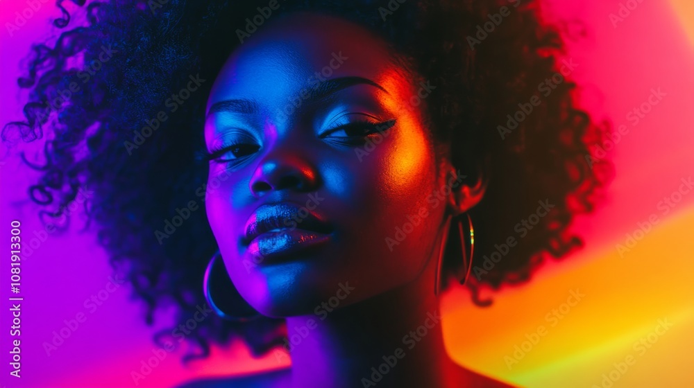 A portrait of a woman standing under neon lights, with colorful neon hues reflecting off her face, creating a bold and artistic look A portrait of a woman standing under neon lights, with colorful neon hues reflecting off her face, creating a bold and artistic look