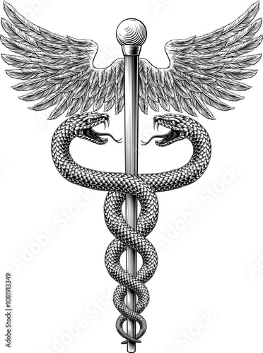 Caduceus staff of Hermes medical or commerce symbol. Snakes around a winged rod. Often used in place of the rod of Asclepius doctor icon for medicine and health care. Vintage woodcut etching style.