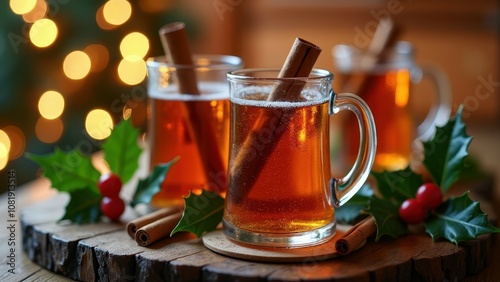 Festive hot cinnamon tea with holly decorations for a cozy holiday atmosphere