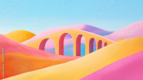 Minimalist pastel landscape with 3D modern architecture arches and vibrant dunes photo