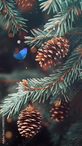 Close-Up of Pine Cones on Evergreen Tree Branches. Background. Seamless looping motion design. Video animation. Detailed image showcasing pine cones on lush evergreen branches, evoking a wintry,