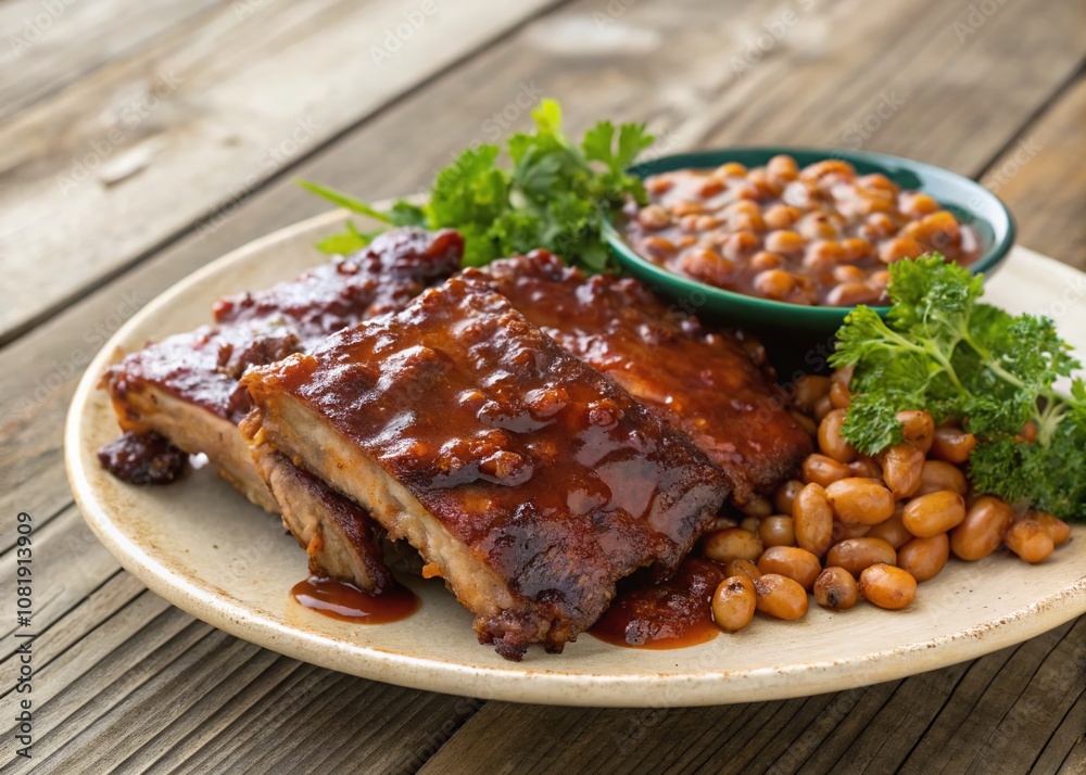 Mouthwatering BBQ Ribs and Savory Beans Served on a Rustic Wooden Table with a Perfectly Grilled Finish, Ideal for Summer Gatherings and Outdoor Cooking Enthusiasts Mouthwatering BBQ Ribs and Savory Beans Served on a Rustic Wooden Table with a Perfectly Grilled Finish, Ideal for Summer Gatherings and Outdoor Cooking Enthusiasts