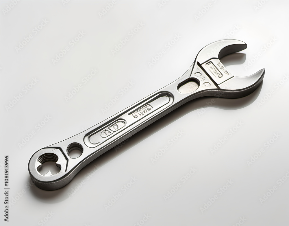 Obraz premium Close-up of an adjustable wrench on a smooth white background. Generative AI