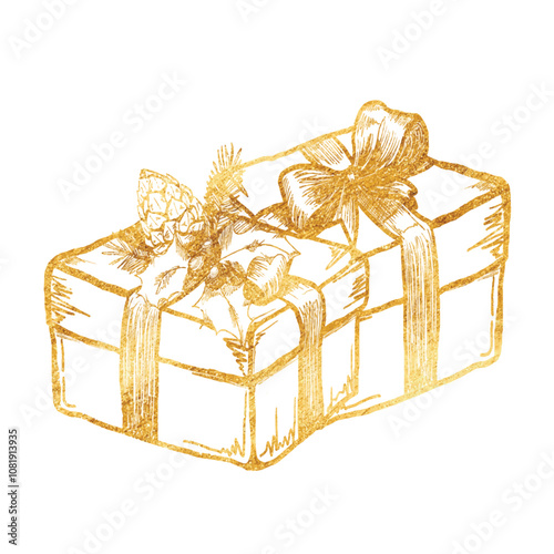 Vector freehand golden christmas gift box scribble isolated on white background. Texture of writing materials. Handwritten christmases gold doodles and pencil strokes. 