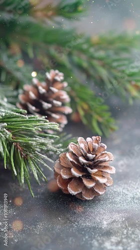 Wintery Pine Cone and Evergreen Branch in Snowy Setting. Background. Seamless looping motion design. Video animation. Close-up of a frosted pine cone with evergreen branches, evoking a wintery and