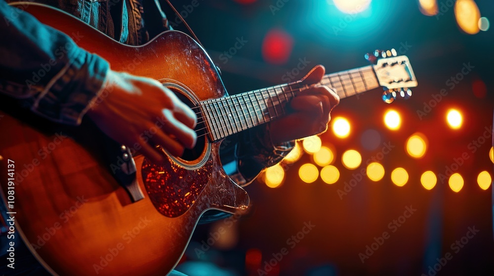 Obraz premium Close-up of a Guitarist's Hand Playing an Acoustic Guitar on Stage with Blurred Lights in the Background