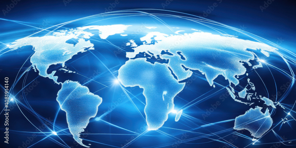 Fototapeta premium Digital world map with glowing connections representing global networking and technology. image conveys sense of interconnectedness and modernity