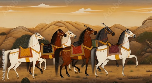 Horses Madhubani style painting illustration design image, Download Indian paintings for living room.