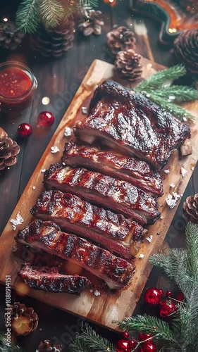 Delicious Grilled BBQ Ribs on Christmas Festive Wooden Table. Background. Seamless looping motion design. Video animation. Savor the taste of grilled BBQ ribs on a festive Christmas table, adorned