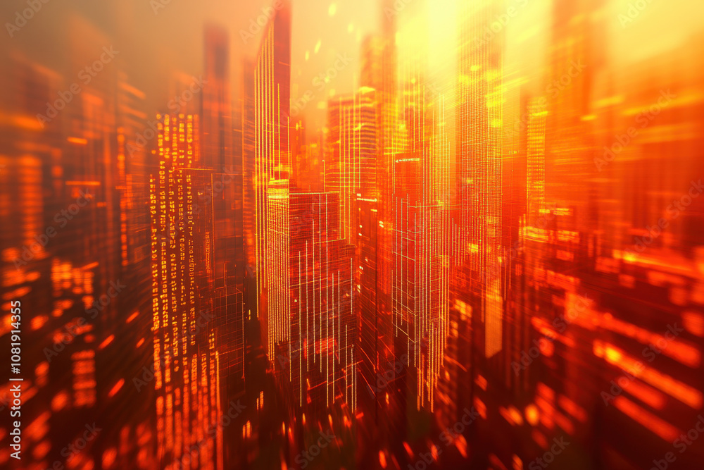 Obraz premium vibrant cityscape illuminated by glowing orange lights creates dynamic atmosphere, showcasing blend of modern architecture and digital elements. abstract representation evokes sense of energy and