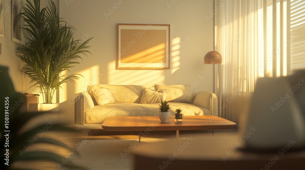 Cozy and Bright Living Room Interior with Sunlight Streaming Through Sheer Curtains and Lush Green Plants, Perfect for Home Decor Inspiration and Relaxation