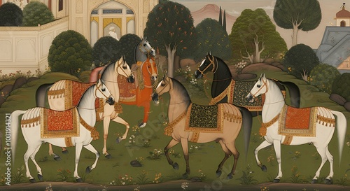 Horses Madhubani style painting illustration design image, Download Indian paintings for living room.