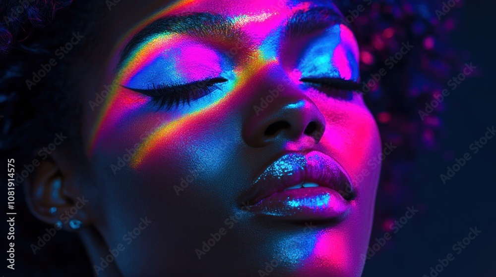 Close-up portrait of a woman's face illuminated by colorful light. Close-up portrait of a woman's face illuminated by colorful light.