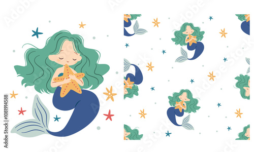 Vector set for printing on children's products. Cute mermaid and starfish. Seamless vector pattern . Vector illustration