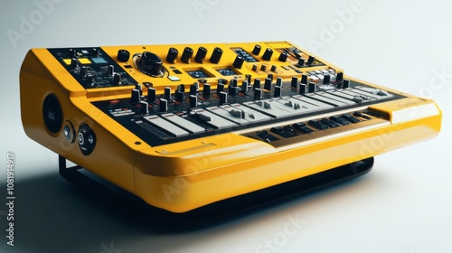 Bright Yellow Synthesizer Keyboard with Various Controls and Features on a Minimalist Background, Showcasing Modern Music Production Technology photo