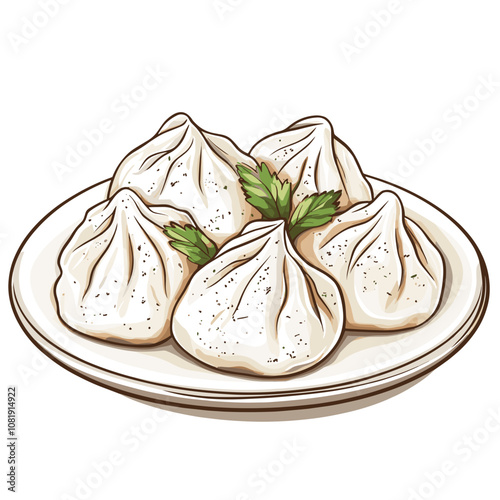 Traditional Georgian Khinkali Dumplings with Parsley Garnish on White Background