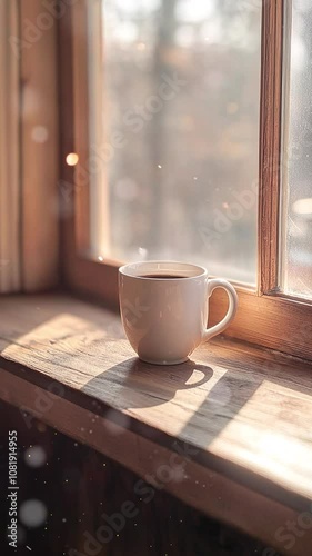 Cozy Morning with Coffee Cup on Sunlit Windowsill. Background. Seamless looping motion design. Video animation. A warm cup of coffee rests on a sunlit windowsill, capturing a peaceful morning moment.