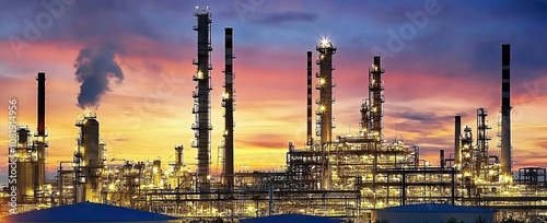 Modern industrial plant with steel pipes and machinery against a blue sky background. Energy production or biological process concept