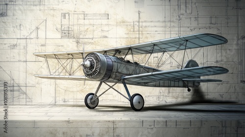 A vintage biplane model airplane sits on a wooden shelf against a backdrop of blueprint drawings.