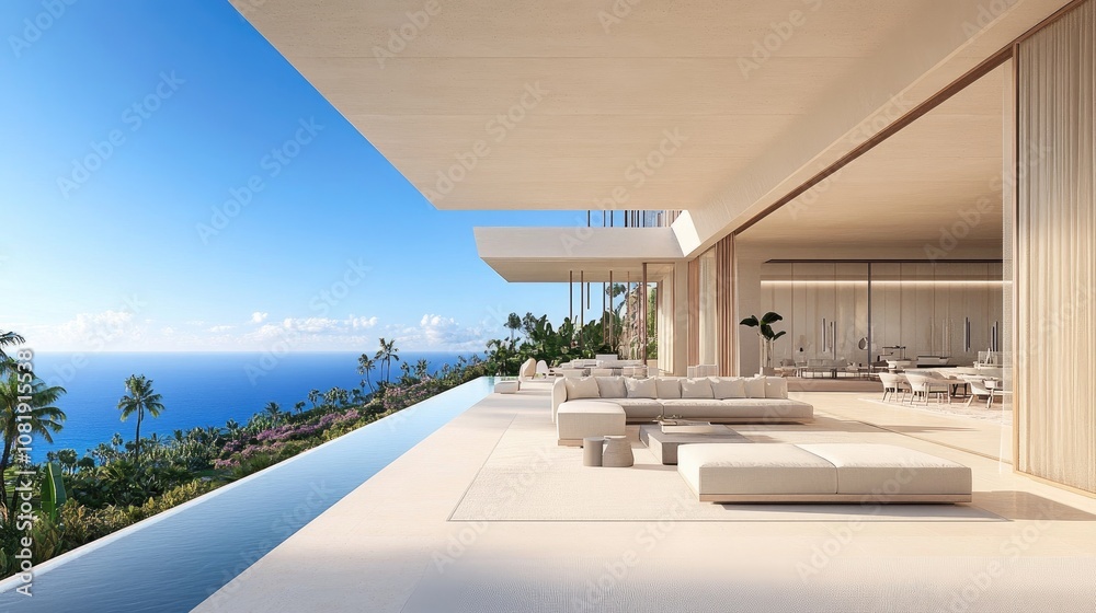 Modern luxury villa with stunning ocean view and seamless indoor-outdoor living space under clear blue sky surrounded by tropical palm trees Modern luxury villa with stunning ocean view and seamless indoor-outdoor living space under clear blue sky surrounded by tropical palm trees