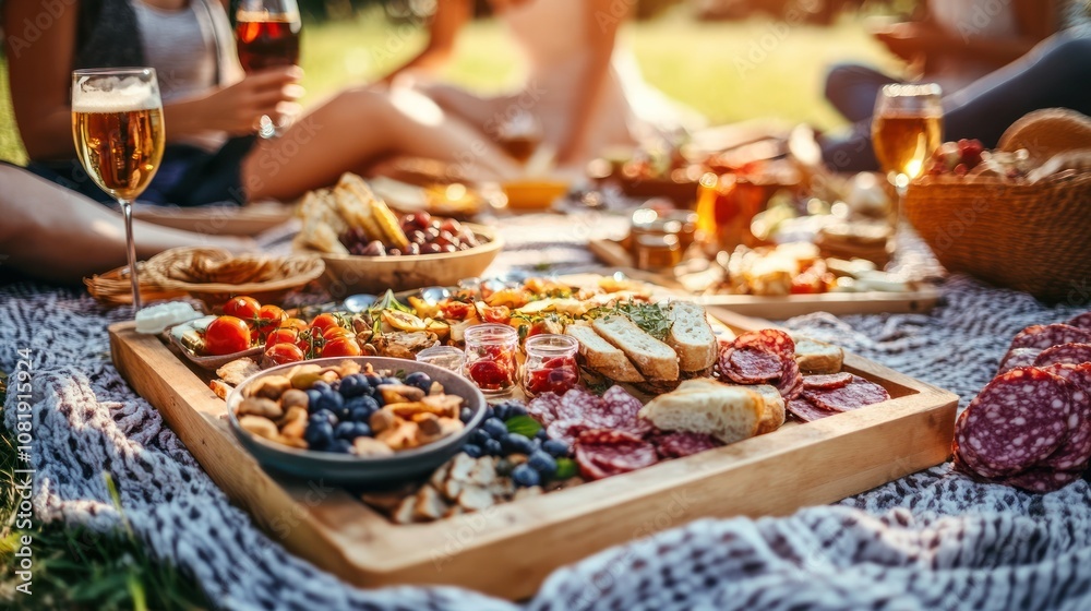 A Close-Up of a Gourmet Picnic Basket with Salami, Bread, and Berries A Close-Up of a Gourmet Picnic Basket with Salami, Bread, and Berries