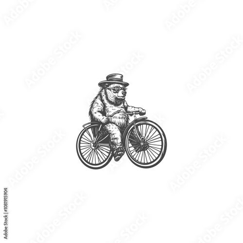 Bear wearing hat riding bicycle  logo design vector vintage