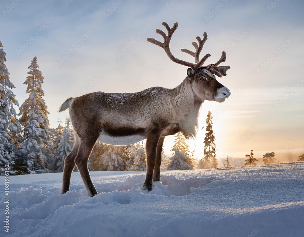 Fototapeta premium Reindeer standing in snowy landscape at sunset