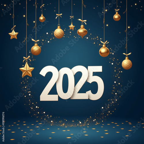 Happy new year 2025. Festive Night blue background with numbers, confetti, stars and streamer ribbons. Vector illustration 4k