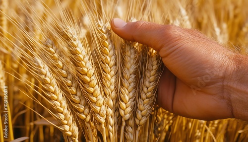 Golden Wheat Field, Close Up of Male Hand Touching Ripe Ears of Wheat, Harvest Time, Agriculture.