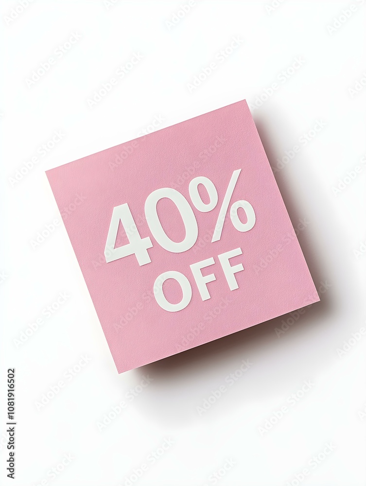 White '40% OFF' Text on a Blush Square Paper Note. White Background White '40% OFF' Text on a Blush Square Paper Note. White Background