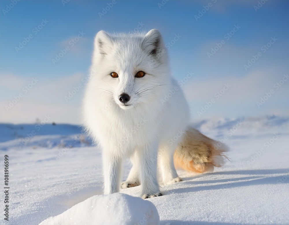 Naklejka premium Wild arctic fox standing in snowy winter landscape