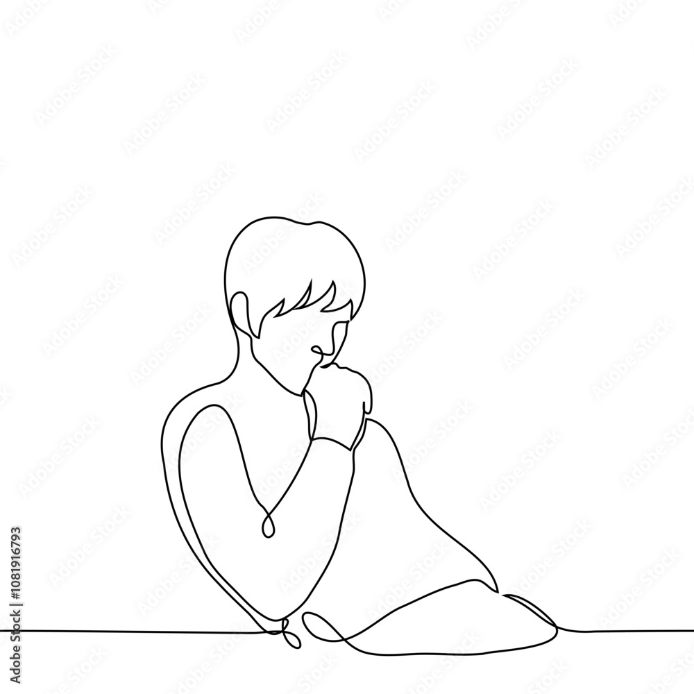 man sitting relaxed and thinking putting hand to chin - one line art vector. concept man reflection, brainstorming man sitting relaxed and thinking putting hand to chin - one line art vector. concept man reflection, brainstorming
