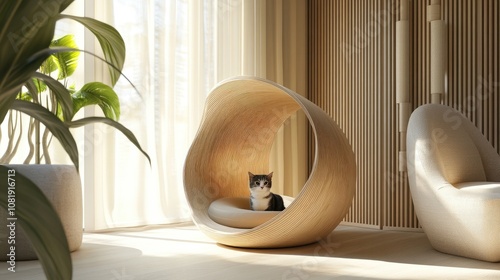 Modern Cat Furniture in Sunlit Living Room with Stylish Interior Design, Unique Cat Bed, and Green Indoor Plants for a Cozy Home Environment