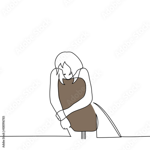 woman sitting on office chair hugging back - one line art vector. concept tactile hunger, sadness, loneliness, procrastination, tiredness