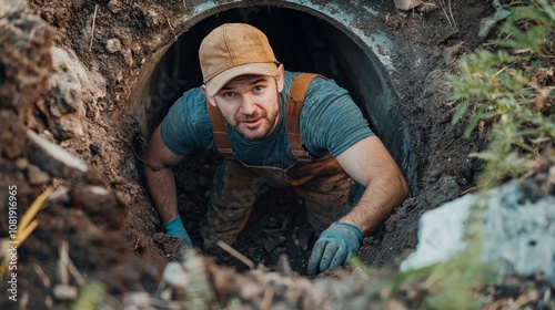 A worker enters a drain pipe wearing gloves and a cap while digging in a construction site on a sunny day photo