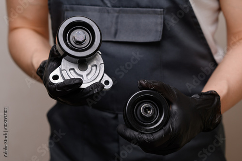 Man in work clothes holds tension roller with tensioner for a car's poly V-belt and parasitic roller, close-up. Concept of replacing auto parts, car maintenance, generator photo