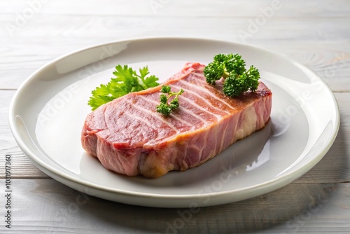 Close-up shot of a Kurobuta pork steak on a white plate