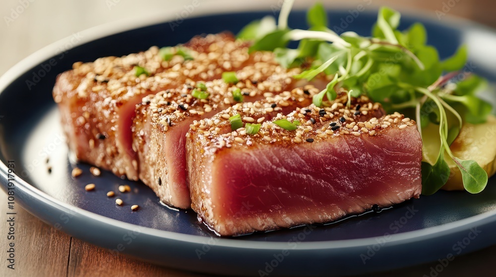 Seared Tuna Steak with Sesame Crust on Deep Blue Ceramic Plate: Professional Food Photography, Studio Lighting, Sharp Focus, and Clean Composition with Garnish. Seared Tuna Steak with Sesame Crust on Deep Blue Ceramic Plate: Professional Food Photography, Studio Lighting, Sharp Focus, and Clean Composition with Garnish.