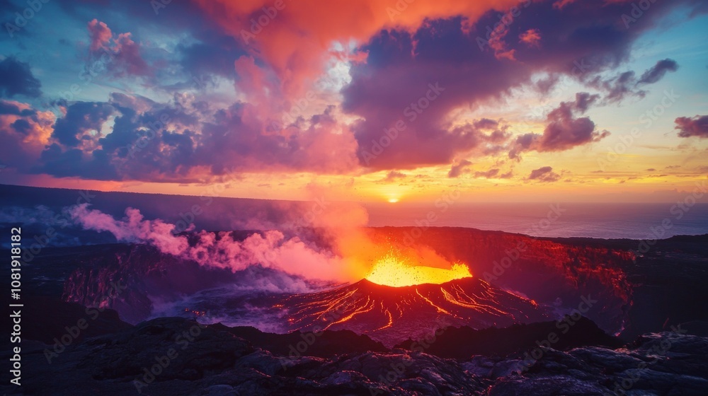 Eruption of a majestic volcano at sunset with vibrant colors illuminating the sky and molten lava flowing into the ocean Eruption of a majestic volcano at sunset with vibrant colors illuminating the sky and molten lava flowing into the ocean
