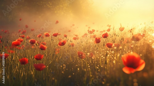 Stunning Field of Red Poppies in Soft Morning Light with Gentle Breeze