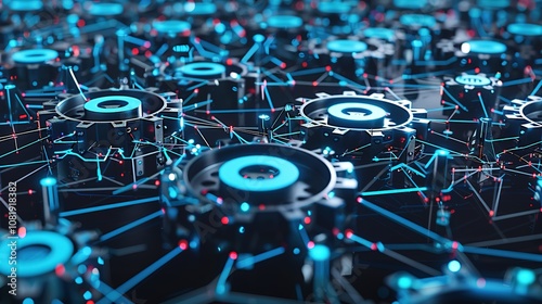 Large interconnected network of gears symbolizing corporate competition, with one oversized gear dominating the scene, representing antitrust concerns. Central gear with copy space for text.