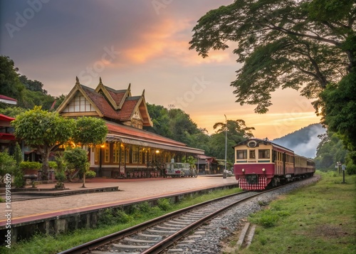 Panorama View of a Vintage Retro Train Stationed at Kun Trang Station in Trang, Thailand with a Beautiful Bokeh Effect in the Background