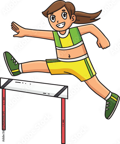 Track and Field Female Jumping Over Hurdle Clipart