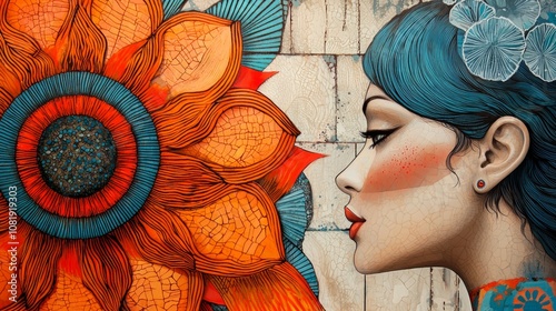 Colorful mural featuring a woman\'s profile beside a large sunflower in an urban setting, showcasing vibrant street art creativity photo