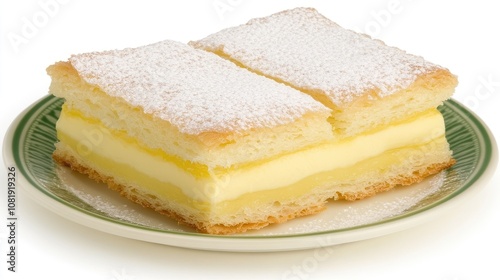 Two Slices of Custard-Filled Pastry with Powdered Sugar on a Green Plate